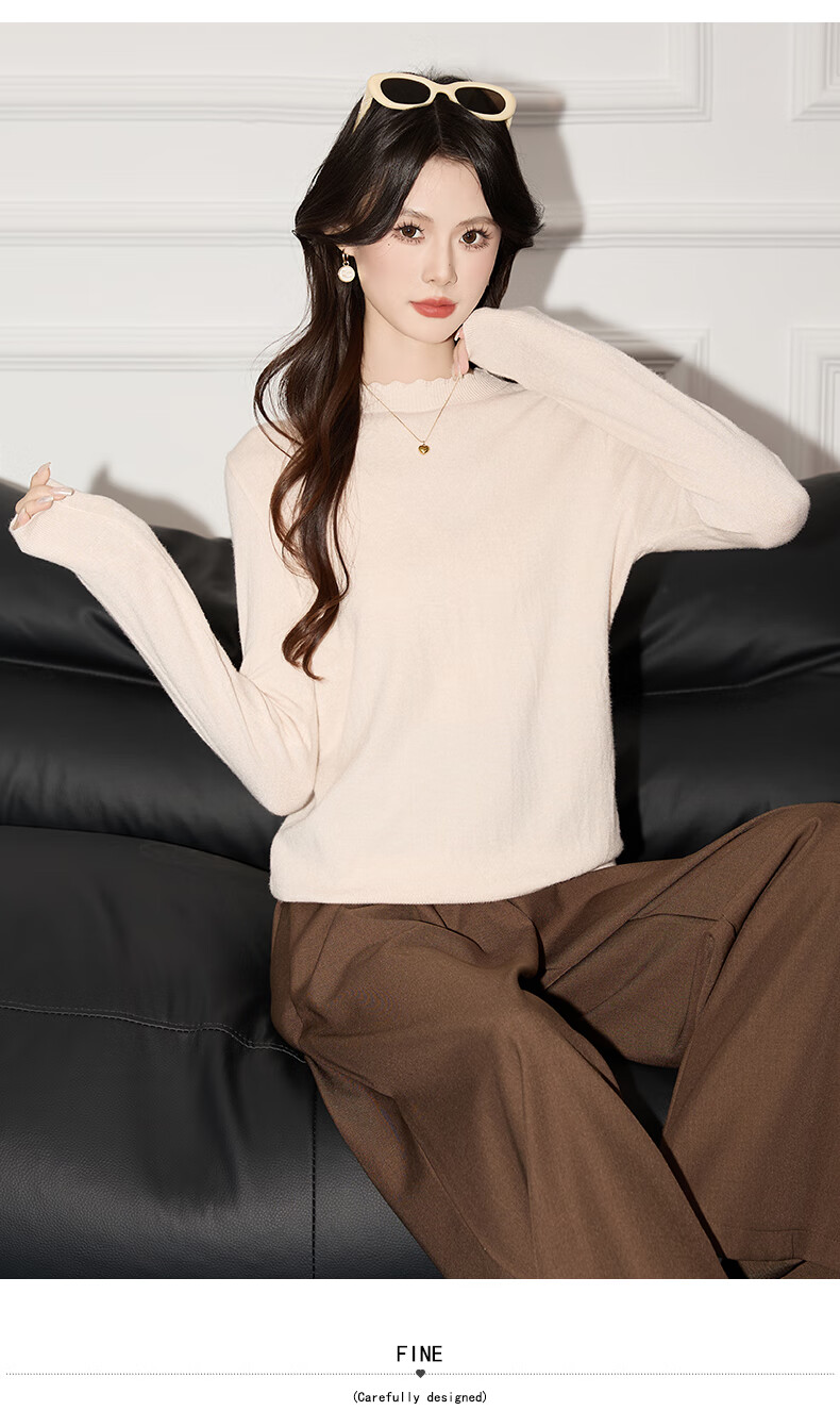 Jeanswest Women's Summer Soft Knit Casual Long Sleeve Lace Trim Round Neck Camel One Size Top 12