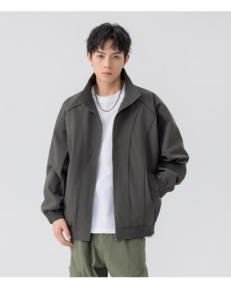 MMOPTOP Chenille Pilot Stand Collar Jacket Men's Spring Autumn Water-Repellent Casual Coat MJK17 Dark Gray XL 4