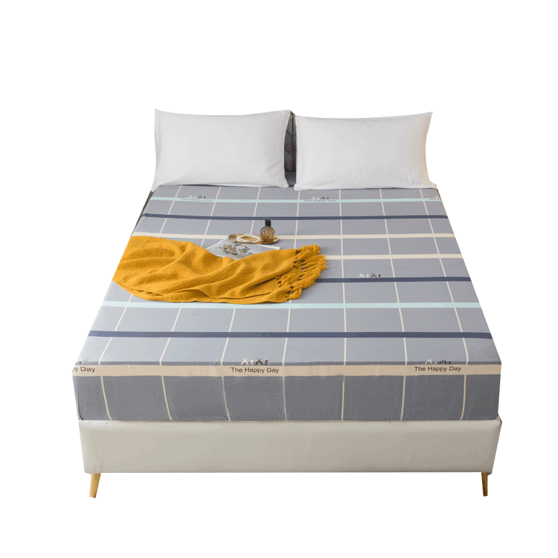 Grace Class A 7A Antibacterial Fitted Sheet, Pure Cotton Washed Cotton, Dirt-Proof Bed Cover, Mattress Protector, for 1.8m Bed, Simple Checkered Patter