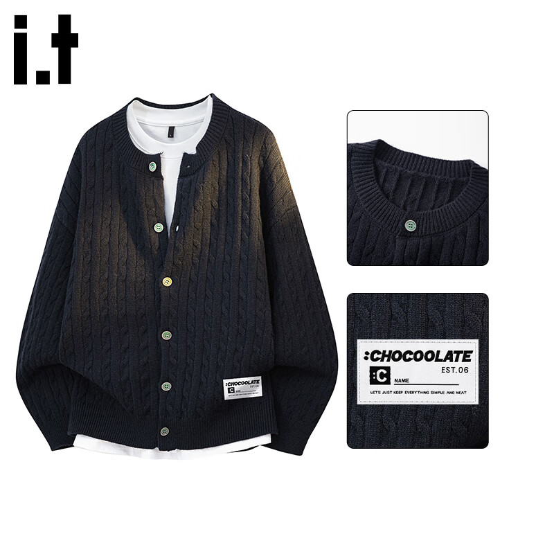 :CHOCOOLATE It Twisted Pattern Cardigan Sweater for Men, Autumn And Winter New Trendy Warm Casual Jacket, Navy Blue, XL