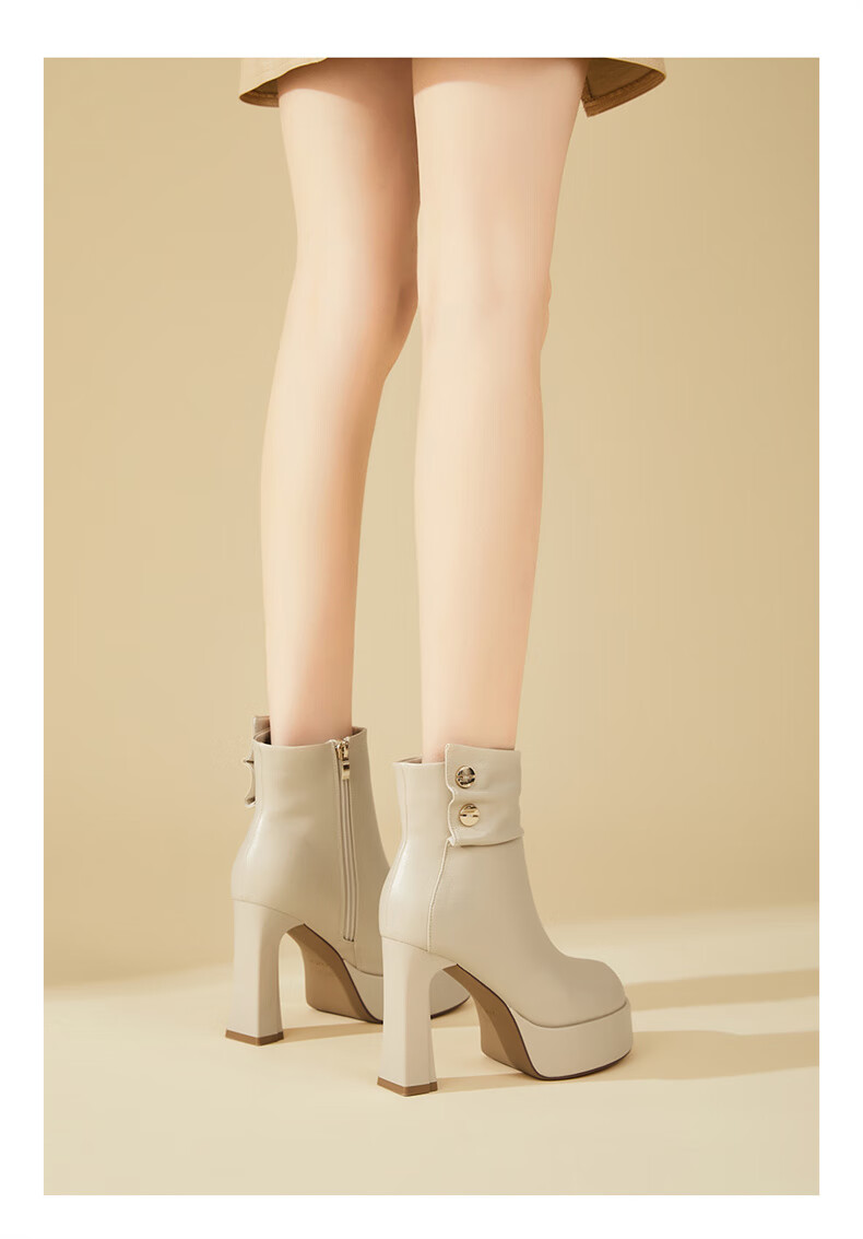 DAPHNE Side Zipper Fashion Elegant High Heel Short Boots Women Thick Heel Fleece-lined Slim Boots Black 37 9