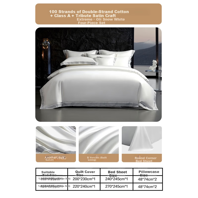 Shuixingjiafang Four-Piece Bedding Set, 100 Count Long-Staple Cotton, 100% Pure Cotton, Class A Silky Smooth Duvet Cover And Bed Sheet, Double Bed Luxury High-End, 1.8m Bed, White