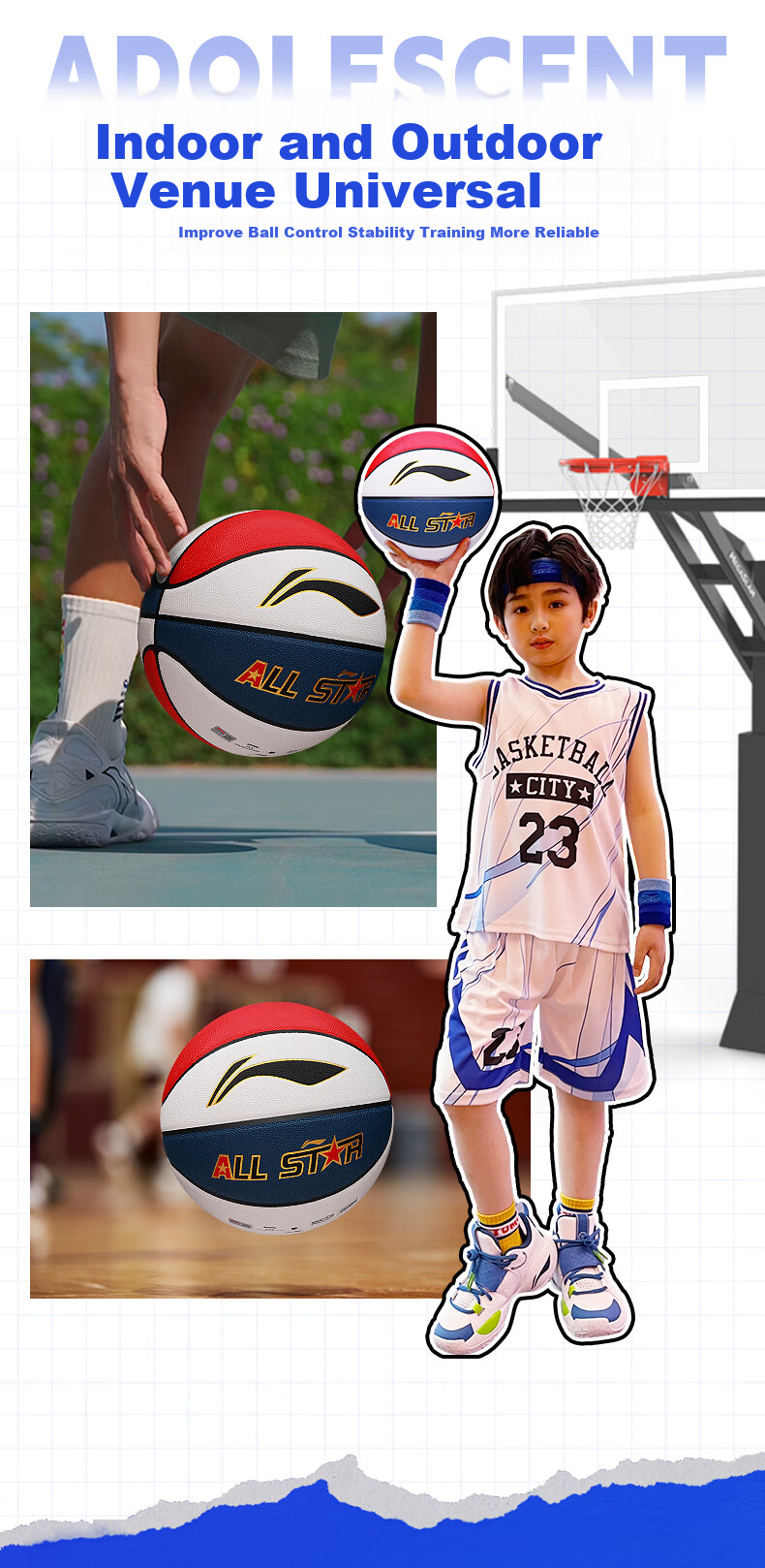 Li-Ning Basketball Size 5 for Children, Kindergarten, Elementary School Students, Indoor And Outdoor Use on Cement Courts, Youth Non-Slip Wear-Resistant PU Basketball, Blue Color 10