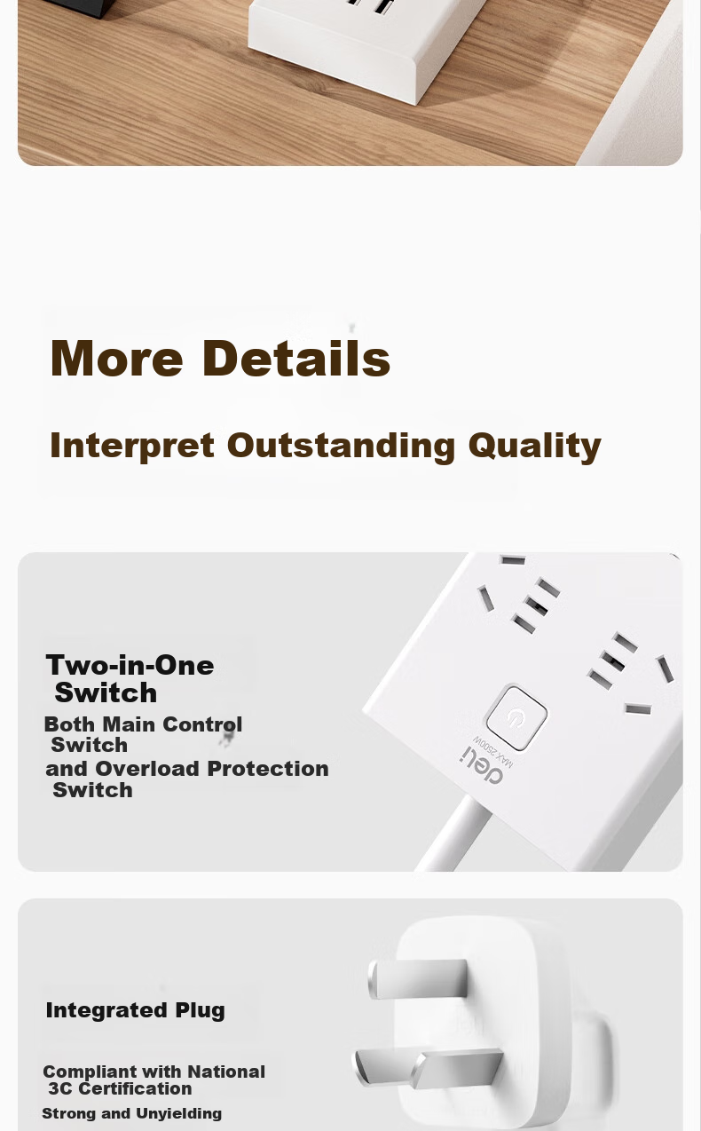 Deli USB Smart Power Strip, Extension Cord/Power Bar/Outlet Strip, 3 USB Ports + 6 5-Prong Outlets, Master Switch 2 Meters, Child Safety Lock, 18284 11