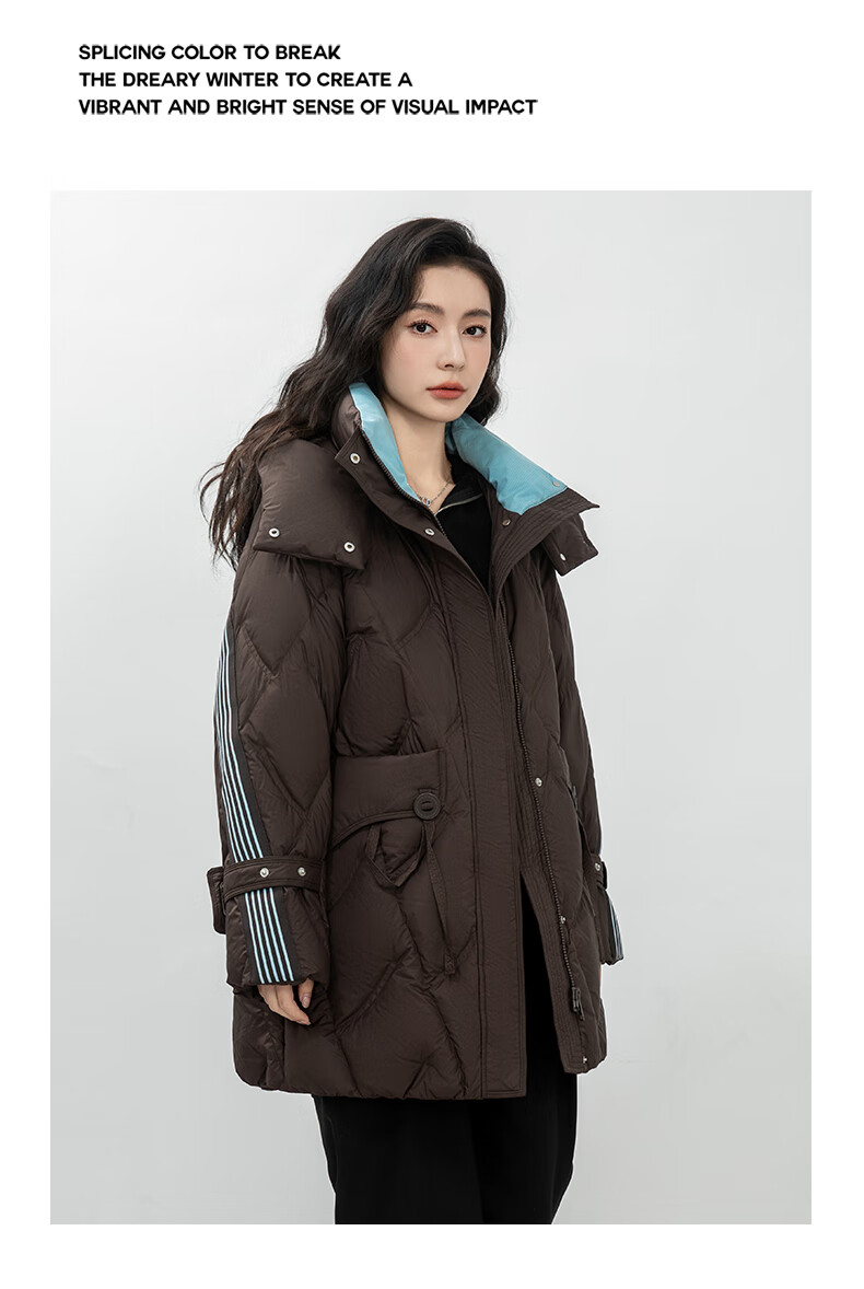 BLOOM FLOWERS Women's Down Jacket 2025 Winter Mid-Length Solid Color Striped Fashion Casual Hooded Warm Coat 27
