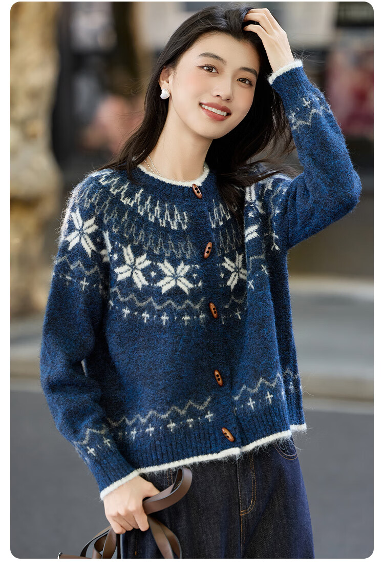 Bailuyu Vintage Colorblock Snowflake Wool Blend Cardigan Sweater Women Oatmeal S 2025 Autumn Winter New 3