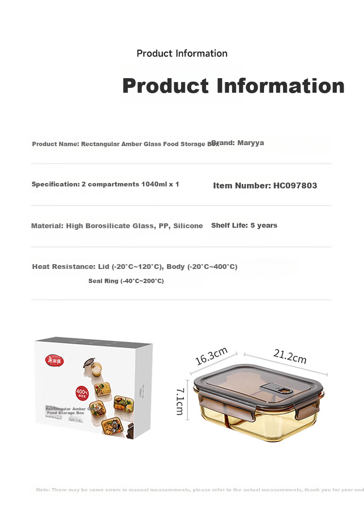 MARYYA High Borosilicate Glass Lunch Box 1040ml with Two Compartments, Microwave-Safe Bento Box for Office Workers to Keep Food Fresh 1