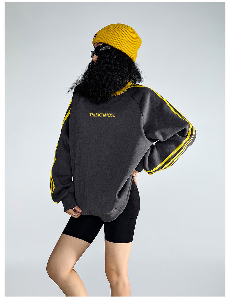 ICH MODE American Style Crewneck Pullover Sweatshirt Vintage Striped Women's Spring Autumn Long Sleeve Loose Sports Jacket Blue M 11