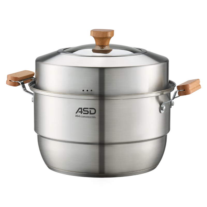 ASD 304 Stainless Steel Double-Layer Steamer Pot 32CM Multi-Layer Steaming Basket Household Cooking Soup Pot - Original Wood Series G2