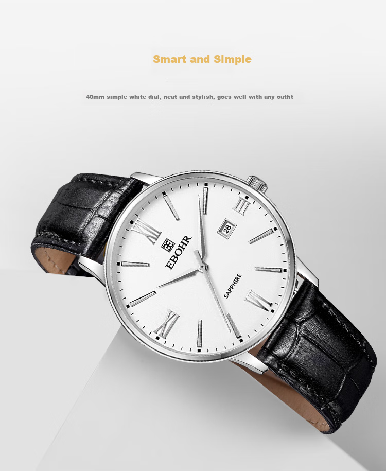 EBOHR Men's Watch, Master Series, Simple White Leather Strap Quartz Men's Watch, Birthday Mid-Autumn Festival Gift, 36000234 3