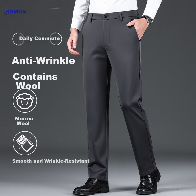 ROMON [Contains Wool] Elastic Wrinkle-Resistant Casual Pants for Men, Business Suit Pants, Straight-Leg Trousers for Middle-Aged And Young Men, Dad Style