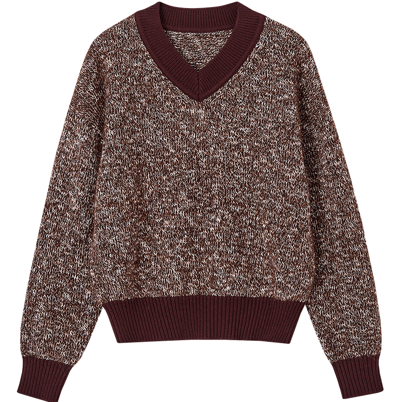 Demana Sheep Wool Cotton Blend Autumn Textured Tweed V-Neck Colorblock Loose Knit Sweater for Women