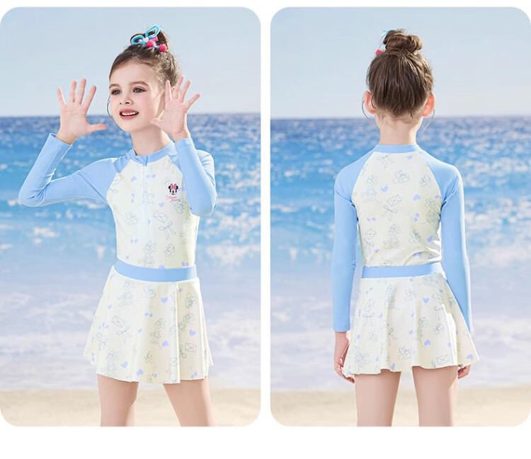 Disney Kids Girls' Swimsuit Long Sleeve Sunscreen One-Piece Swimwear for Ages 6-12 D35363 Blue Size 130 15