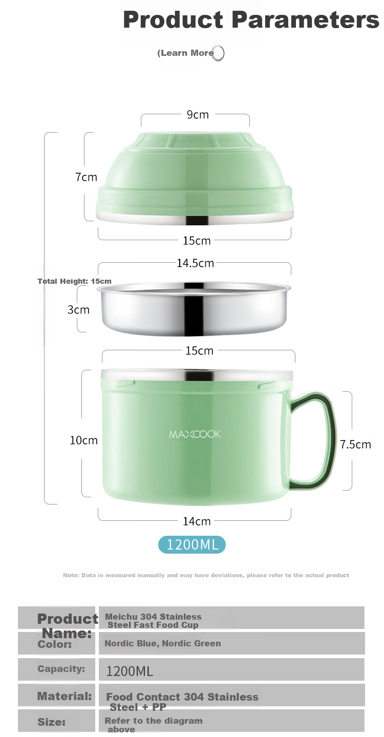 MAXCOOK 304 Stainless Steel Ramen Bowl, 13.5cm Plastic Steel Fast Food Cup, Student Lunch Box, Bento Box, Nordic Blue MCFT190 3