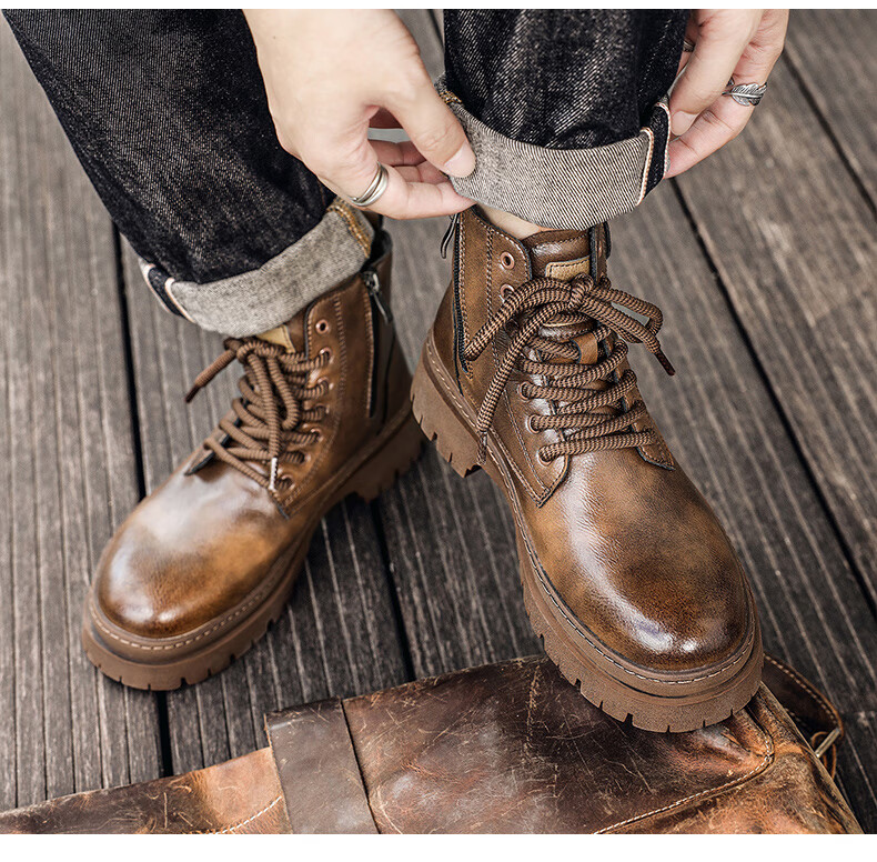 G.N.Shi Jia Men's Martin Boots, Genuine Leather, 2026 Autumn And Winter New Style, British Retro Thick-Soled Heightening Work Boots, Red-Brown, Size 43 4