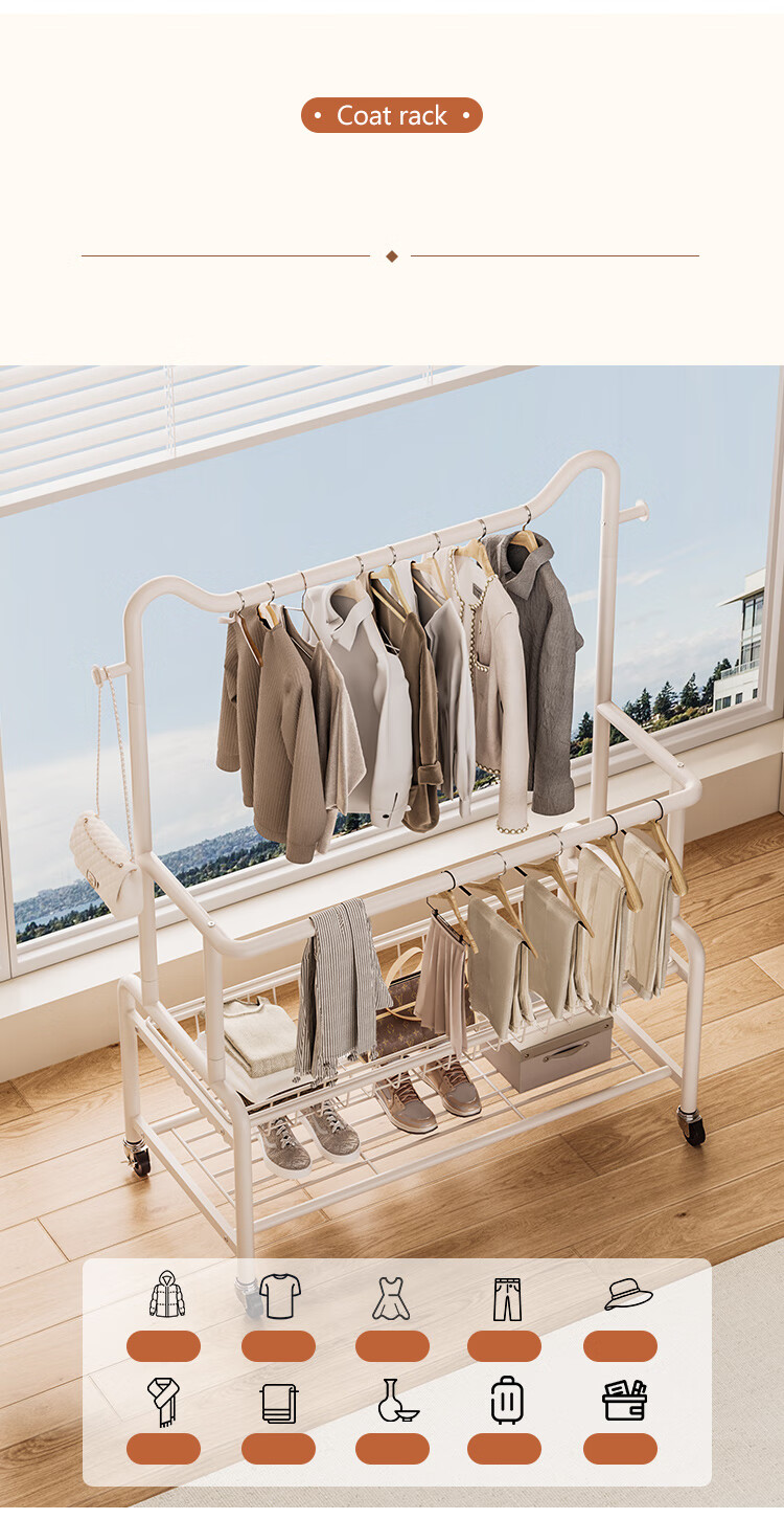 Yupin Coat Rack, Floor-Standing, for Bedroom Use, Clothes Drying Rack, Balcony Storage Organizer, Movable Hanger, MJ121 Double-Layer 80 5