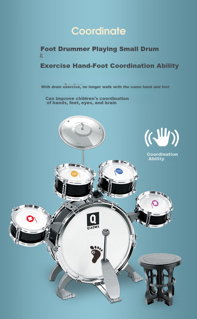 QIAO WA BAO BEI Drum Set Educational Toy Instrument for Children Beginners Jazz Drums Gift for Boys Aged 1-2 Years Old Birthday Present 4