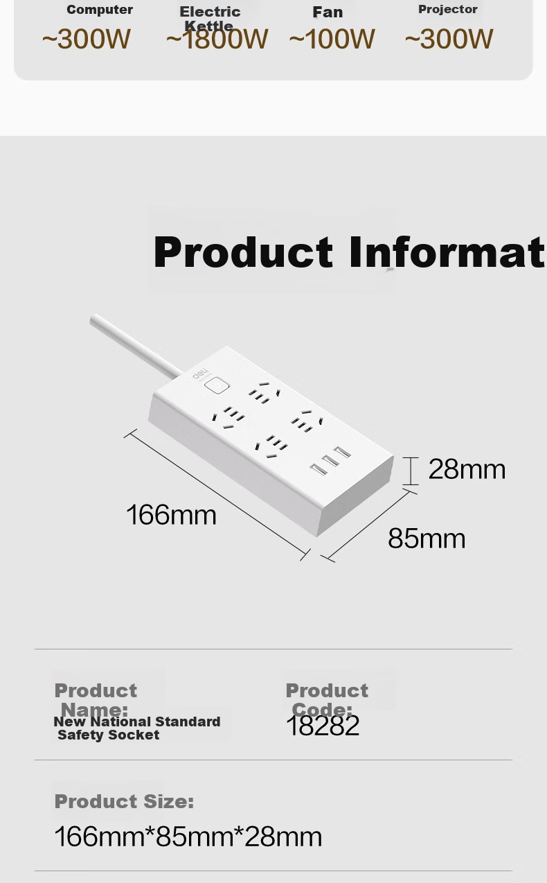 Deli USB Smart Power Strip, Extension Cord/Power Bar/Outlet Strip, 3 USB Ports + 6 5-Prong Outlets, Master Switch 2 Meters, Child Safety Lock, 18284 13