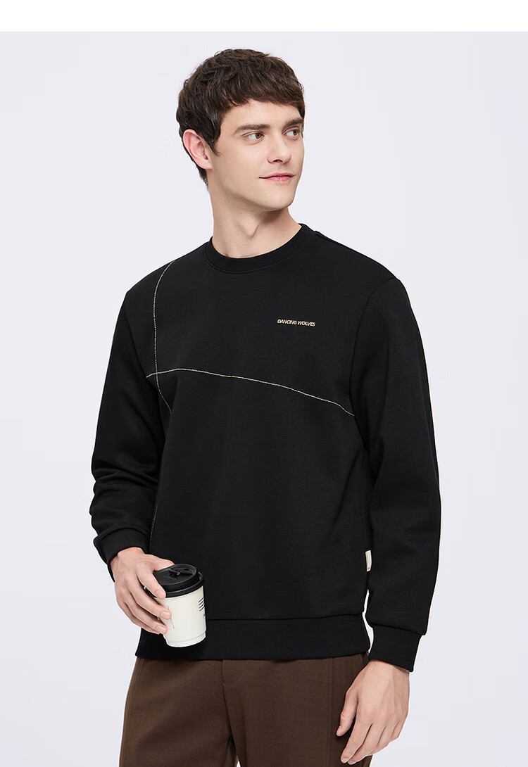 Dance with Wolves [Far Infrared Heating & Anti-Static] Thermal Antibacterial Visible Seam Crewneck Sweatshirt Men 001 Black L 4