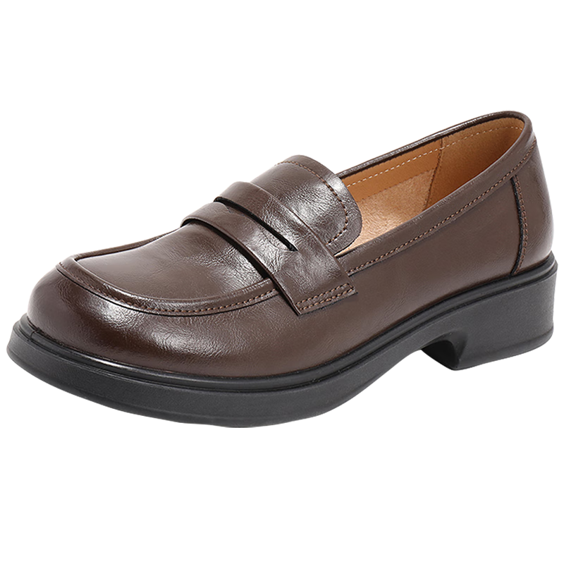 SENDA Women's Loafers, Cowhide Leather, British Style, Soft Sole, Comfortable Slip-On Shoes, Brown, Size 37
