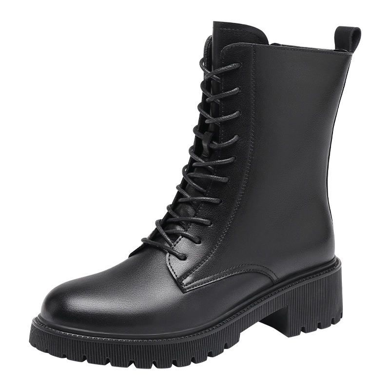 Red Dragonfly Women's Martin Boots Winter Warm Fleece Lined Short Boots Versatile Cowhide High-top WTC454831 Black Size 37