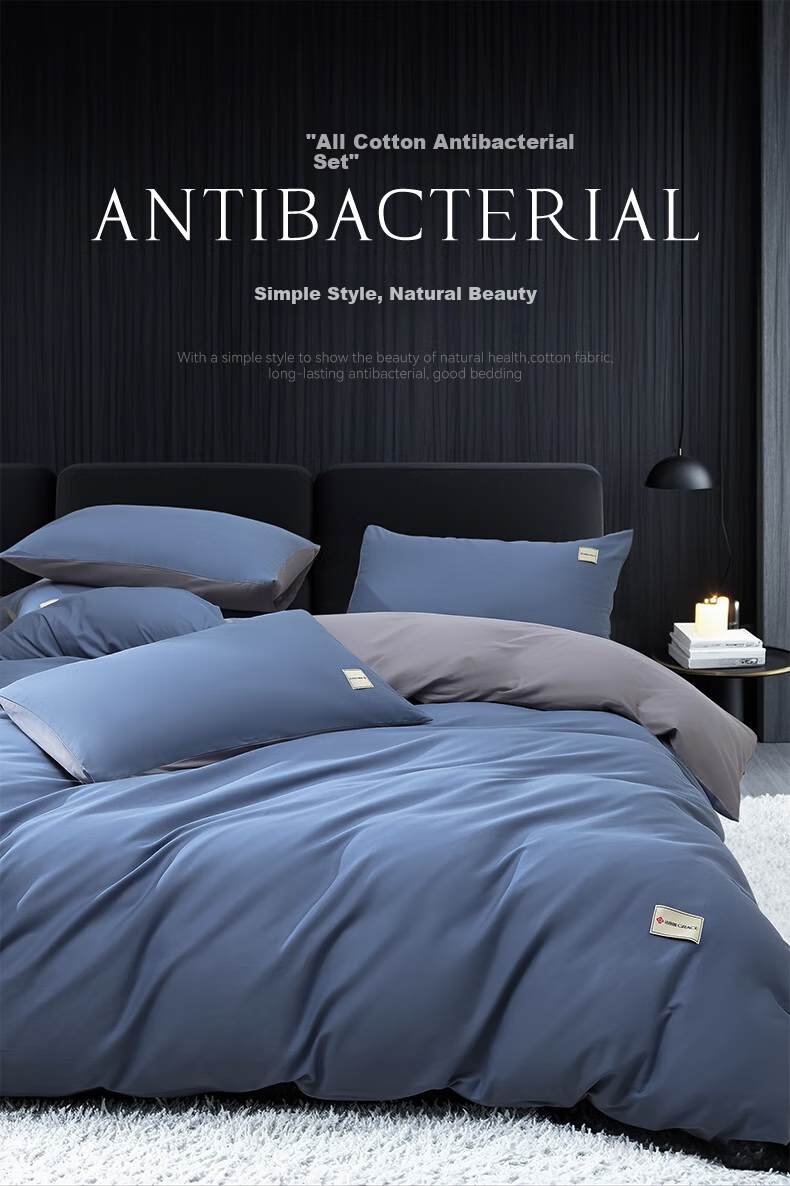 Grace Class A 7A Antibacterial Pure Cotton Xinjiang Cotton Bedding Set of Four Pieces, Duvet Cover 200*230cm, for 1.5/1.8m Bed, Royal Blue + Light Gray 1