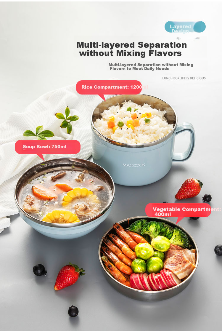 MAXCOOK 304 Stainless Steel Ramen Bowl, 13.5cm Plastic Steel Fast Food Cup, Student Lunch Box, Bento Box, Nordic Blue MCFT190 2