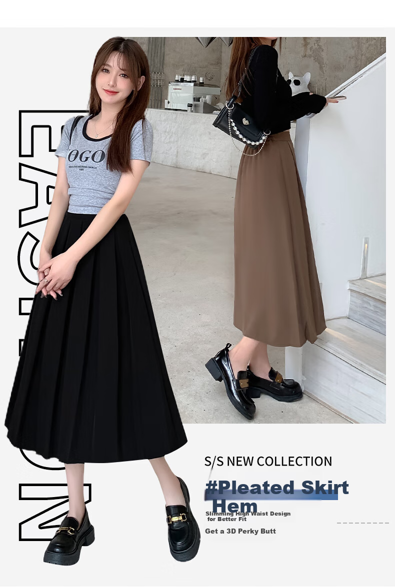 LangSha Pleated Skirt Women's Spring Vintage Mid-Length A-Line Skirt Elastic Waist Slim Fit Suit Umbrella Skirt 3
