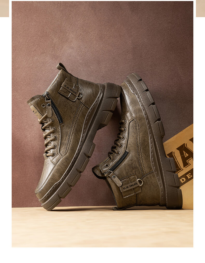 Bull Family Martin Boots Men Autumn Winter New Retro British Style Side Zipper Work Shoes High Top Outdoor Combat Boots 14