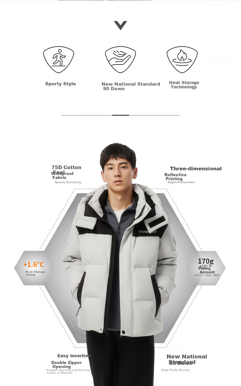 Tanboer Men's Short down Jacket, Fashionable Sports Style with Detachable Hood, Bread-Style down Coat 550335D New Aluminum Color 170 3