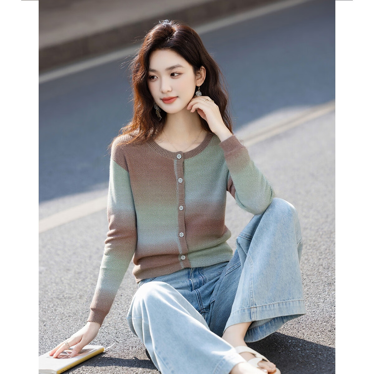 Dme [Containing Fluffy Merino Wool Cardigan], Autumn Gradient Tie-Dye Sweater, Round Neck Loose-Fitting Concealing Knit Top for Wome