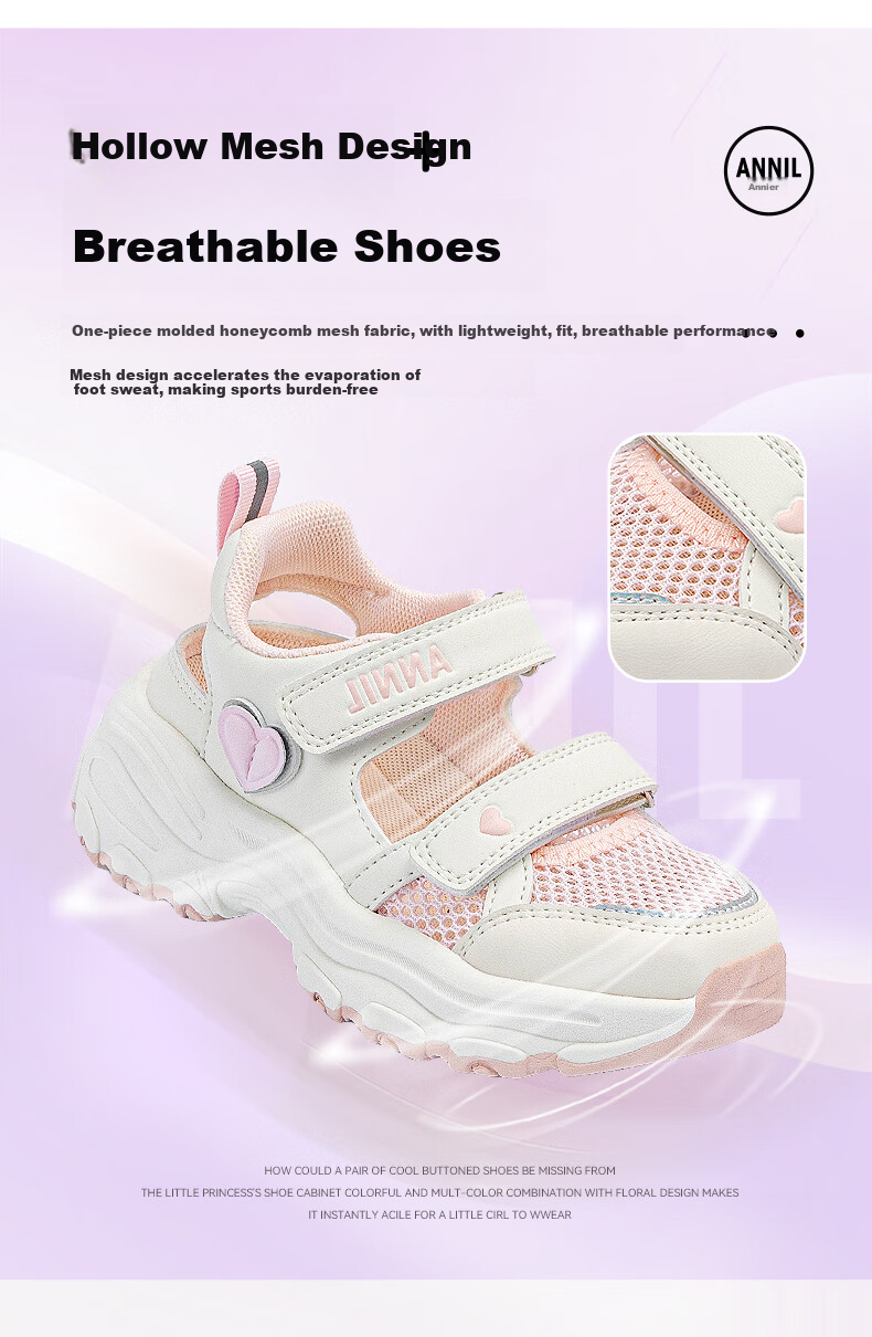 ANNIL Girls' Sandals, Summer New Style, Velcro Closure, Closed-Toe Beach Shoes, Children's Mesh Shoes for Summer, 5303 Light Pink, Size 33 7