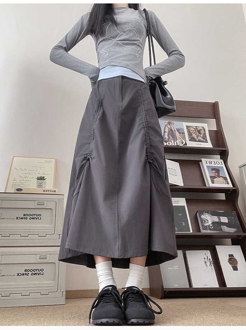 LangSha Gray Workwear Skirt Women Autumn 2025 New High Waist Drawstring A-Line Flared Slim American Casual Half Skirt 2