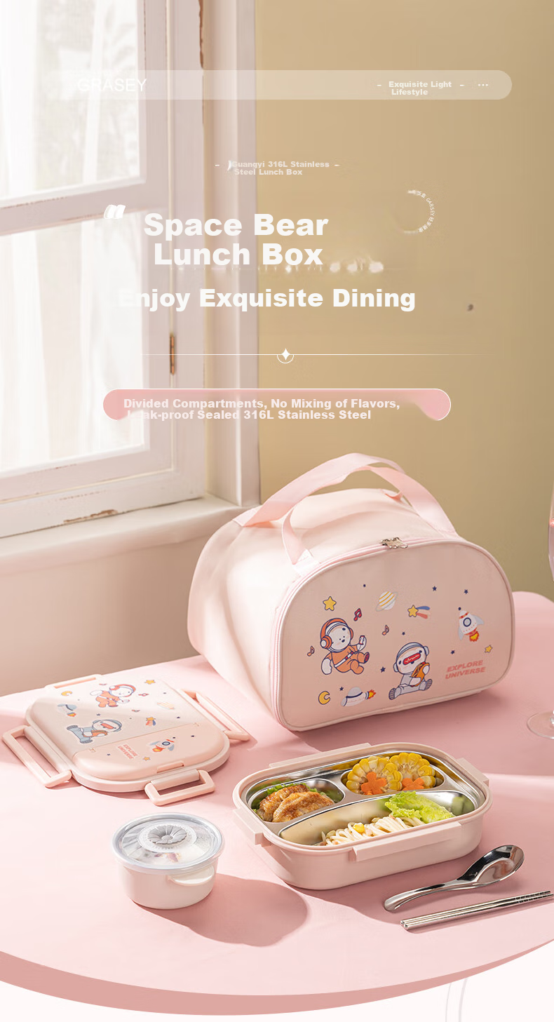 Guangyi 316 Stainless Steel Lunch Box for Elementary School Students And Office Workers, 3-Compartment Bento Box with Utensils And Soup Bowl + Bag GY7406 1