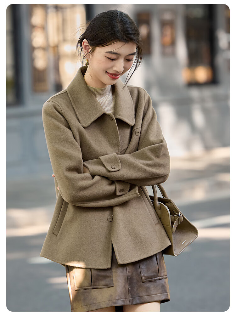 LOUISYAO Minimalist 100% Wool Short Coat 25 Winter New Fashion Slim Double-Sided Woolen Jacket Women Khaki Green M 13