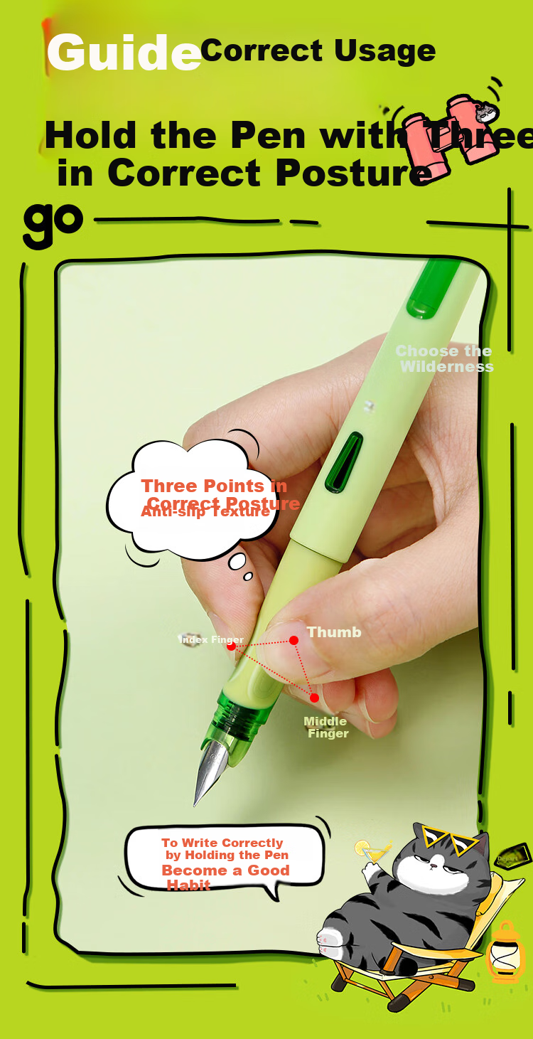 COMIX Wuhuang Cat Posture Correction Fountain Pen for Students' Handwriting Practice, 0.38mm EF Fine Nib Stainless Steel Pen Tip, EF Fine Nib Ink Cartridge, 4 Pens for Third-Grade Elementary School Students Back-To Seaso 2