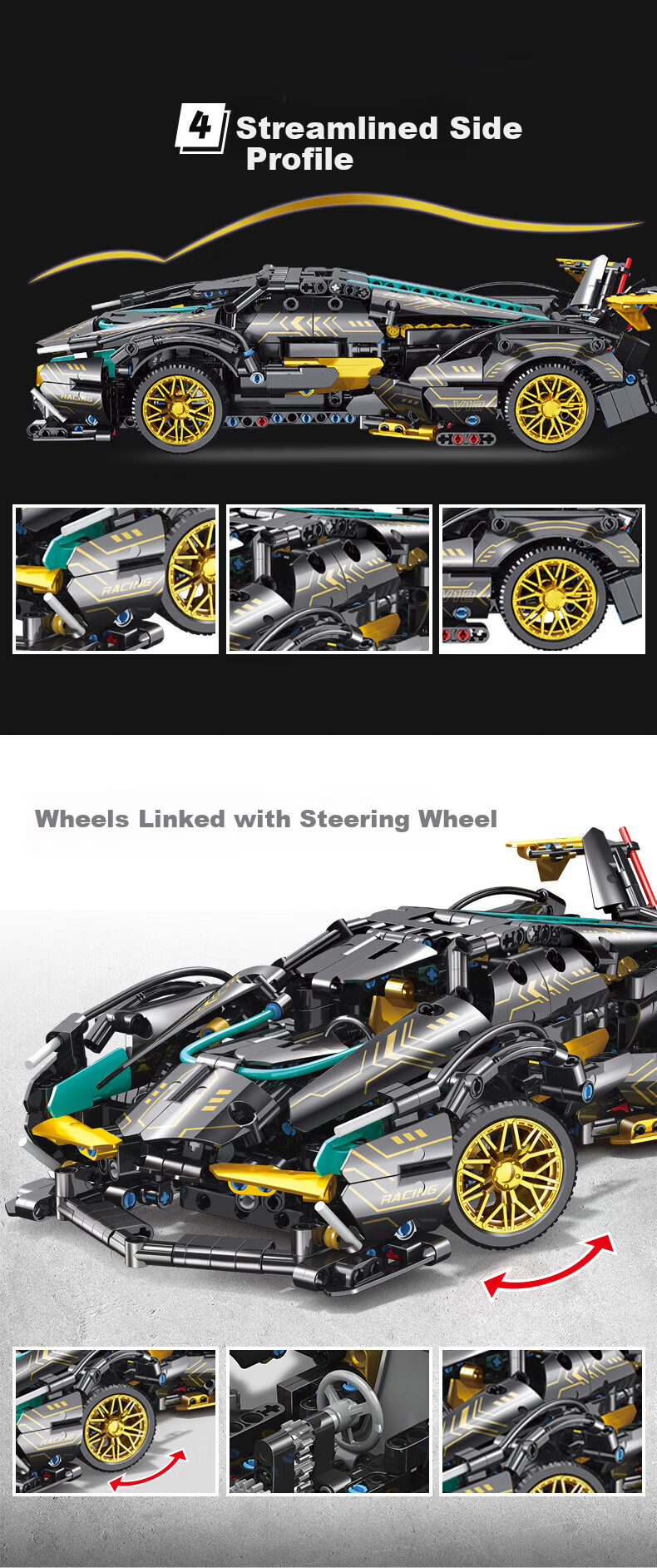 Gaozhile High-Difficulty Assembly Building Blocks, Children's Toy, Birthday Gift for Boys And Girls, Lamborghini Black Knight, Ages 6-12 5