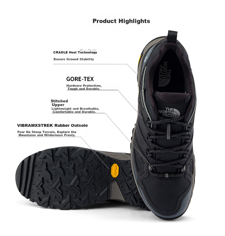 The North Face Hedgehog Hiking Shoes for Men, Outdoor GORETEX Waterproof Non-Slip 8AA9, Black/KT0, Size 42 2