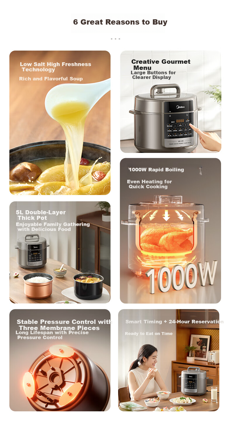 Midea Dumpling King Electric Pressure Cooker, 5L Household Electric Pot, Fully Automatic Intelligent Reservation, Waterless Baking, Dual Inner Pot, Open Lid Hot Pot, High Pressure Cooker MY-E5910 (For 4-6 People) 4