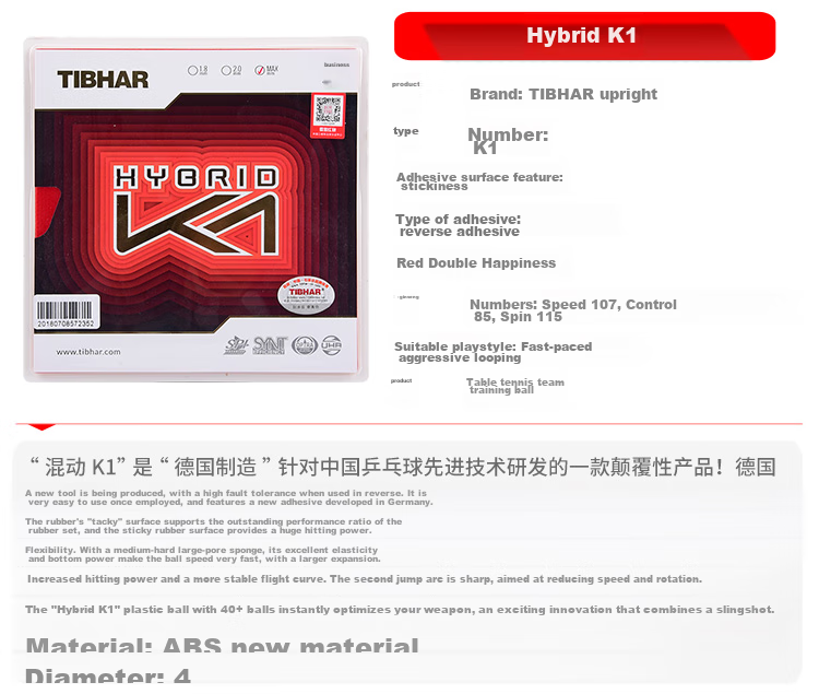 TIBHAR Hybrid Blue K1 PLUS Table Tennis Rubber, Imported Sticky Rubber, Red MAX 2