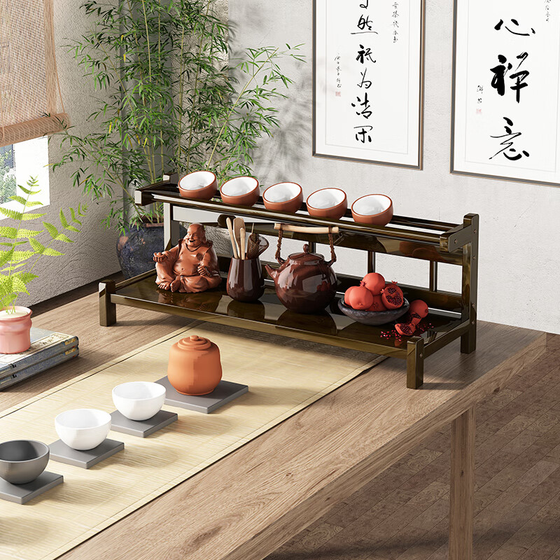 Wo Jia Tea Set Storage Rack Desktop Small Antique Display Shelf Tea Table Tea Cabinet Tea Rack Tea Leaf and Tea Cup Holder Organizer