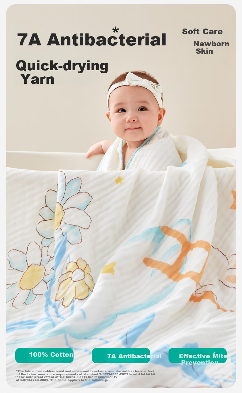 PurCotton Children's Bath Towel, Pure Cotton Gauze Bath Towel, Baby Bath Towel, Antibacterial And Anti-Mite, Healthy Little Duck Design, 95cm × 95cm 2