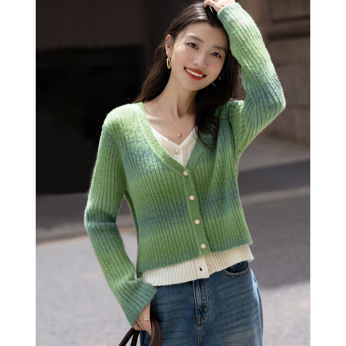 Demana Wool Blend Gradient Dye Cardigan Autumn Two-Piece Look Colorblock V-Neck Sweater with Decorative Buttons for Women