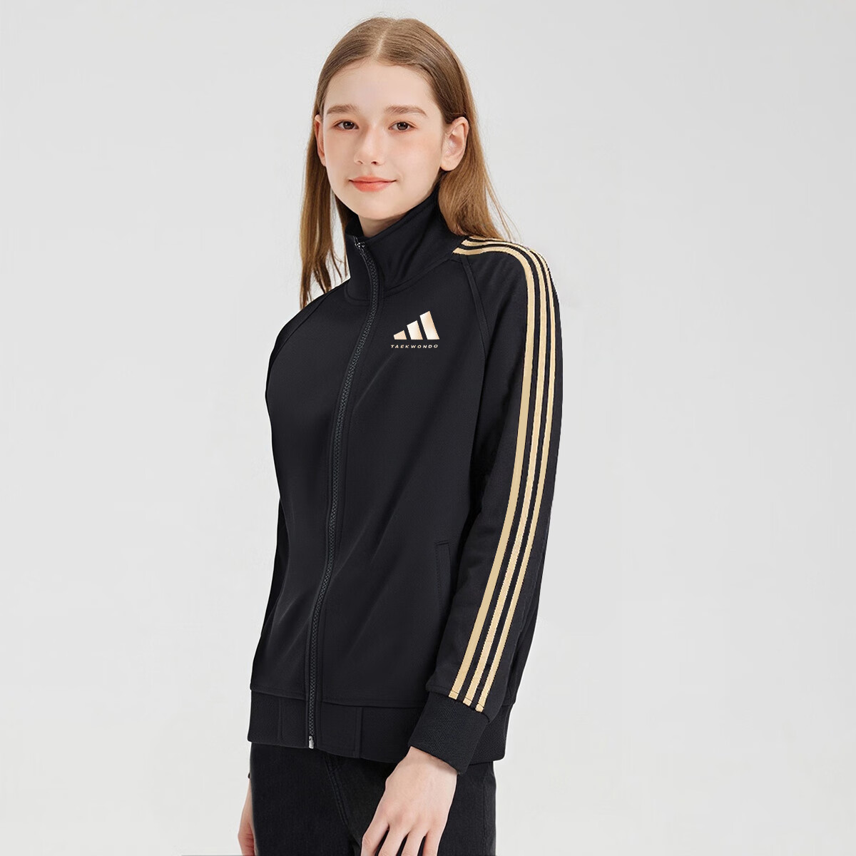 Adidas Children's New Lightweight Sportswear Set, Classic Casual Jacket And Pants, Black/gold, Size 158