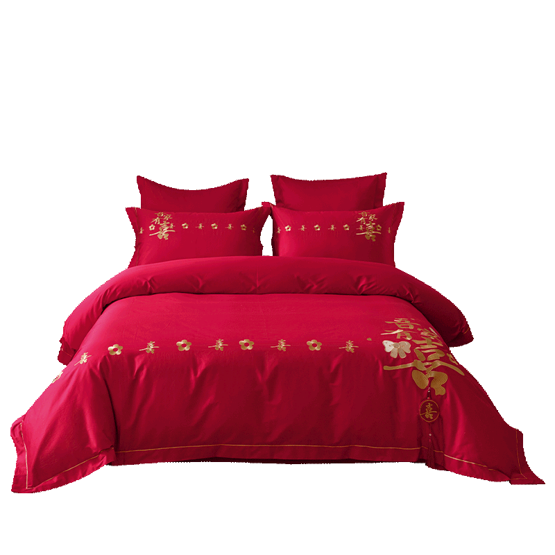 I-WILL Wedding Four-Piece Set, Pure Cotton Embroidered Duvet Cover And Bed Sheet, Bright Red Wedding Celebration, for 2-Meter Bed, Wedding Celebration at The Door
