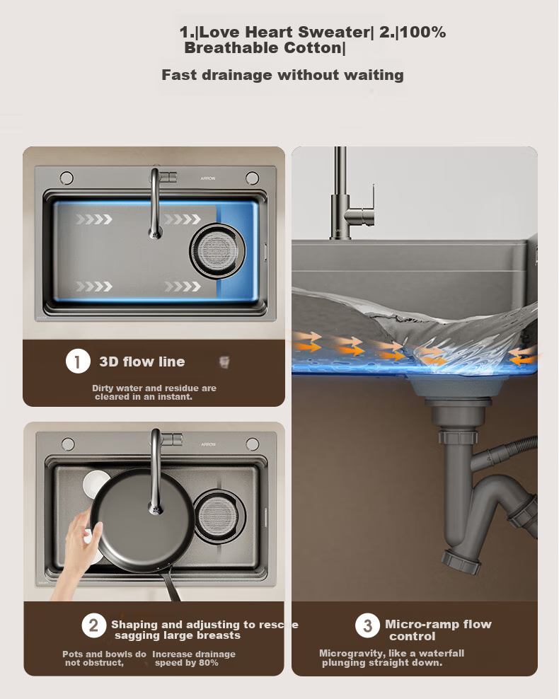 ARROW Kitchen Sink Gun Gray Nano Wide-Edge Large Single Bowl, Integrated Undermount Sink for Kitchen, Dishwashing And Vegetable Washing Table 13