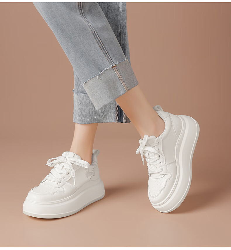 BOERDIQI Top-Grain Leather Versatile White Sneakers for Women, Thick-Soled Height-Increasing Casual Sports Shoes, White And Black, Size 36 11