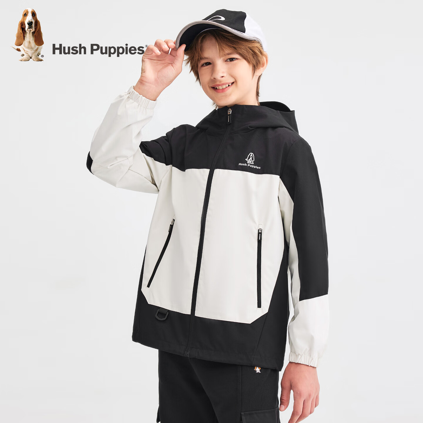 Hush Puppies Children's Windproof Jacket, Spring Outdoor Hooded Lightweight Coat for Boys And Girls, Diamond Black, Size 120