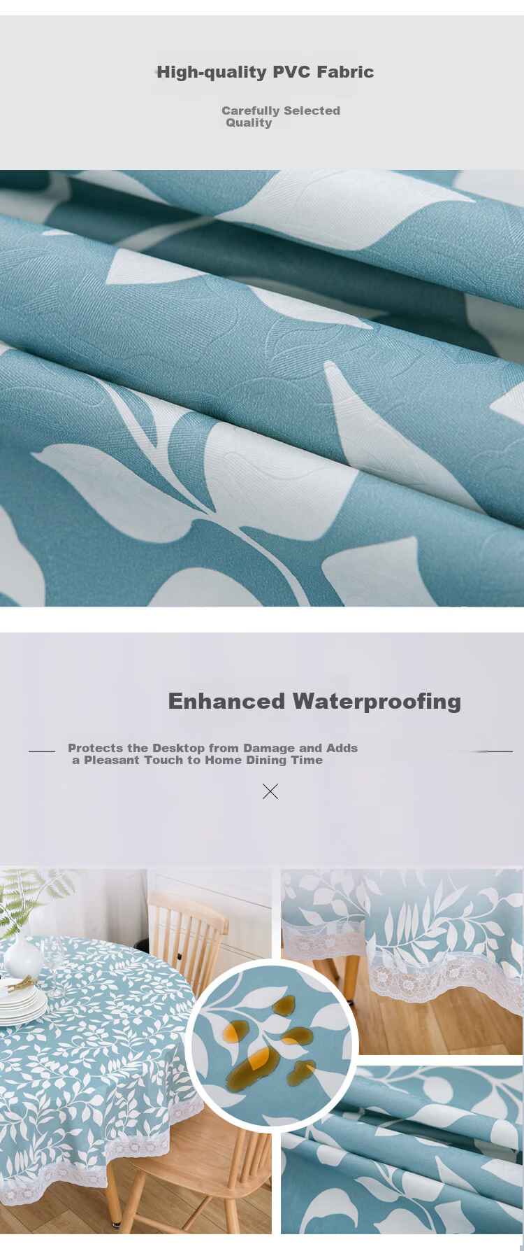 AVIVI PVC Round Tablecloth, Waterproof And Oil-Resistant, Circular Dining Table Cover, Heat-Resistant Coffee Table Mat, Dining Table Pad, 150*150 Cm, Blue Leaves 2