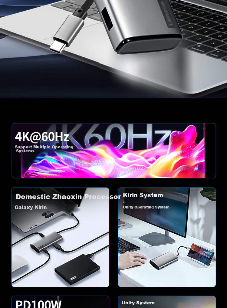 Lenovo Type-C Expansion Dock, USB3.2 Hub, 10Gbps Transmission, HDMI 4K 60Hz Converter, PD100W Expansion Dock, BY06-C2 (Metal) 2